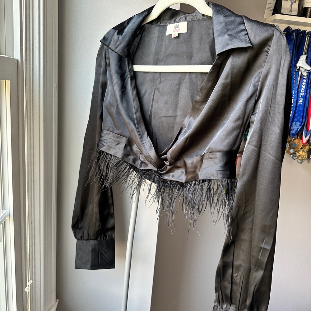 Satin Cropped Top with Feathers
